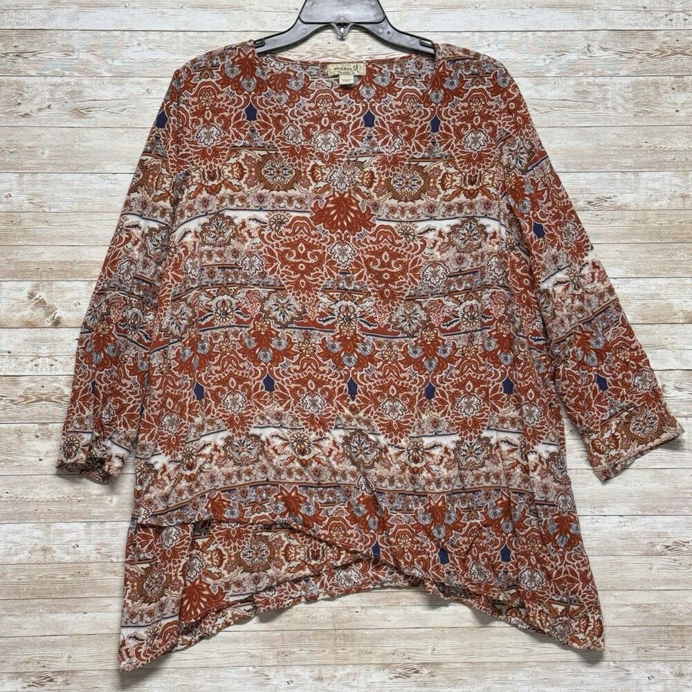 One World Asymmetrical Tunic Blouse Size L Orange Blue Paisley Vneck Boho